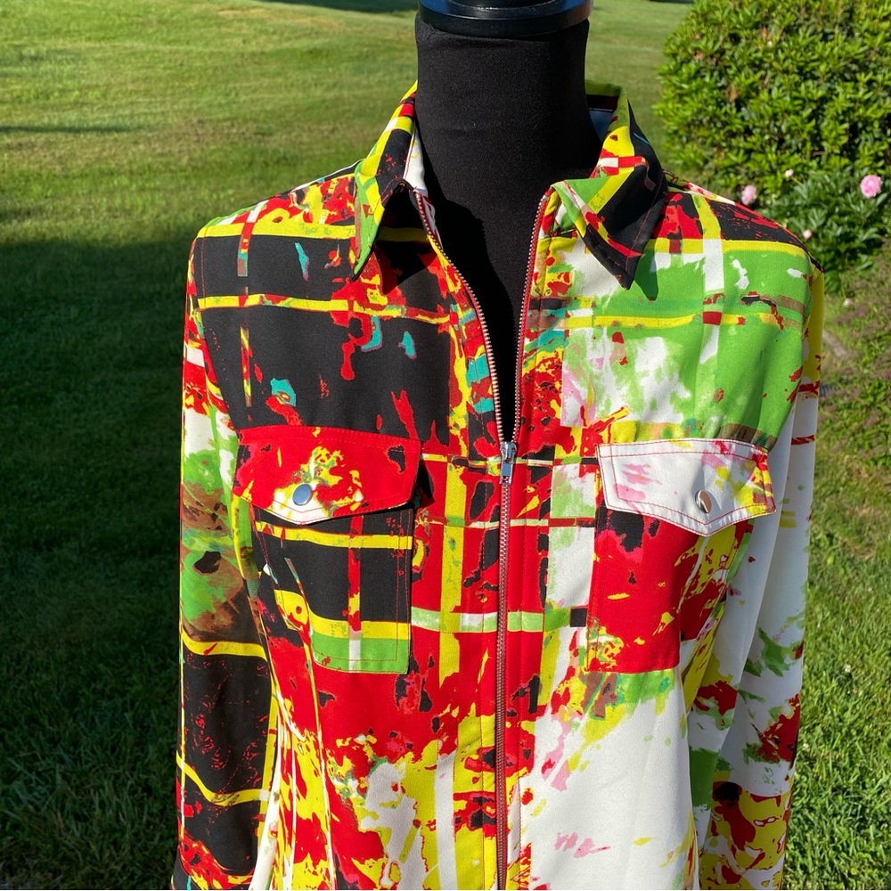 -Tracy M Zip Up Front L/S Colorful Collared Blouse Women's Large - Picture 8 of 12